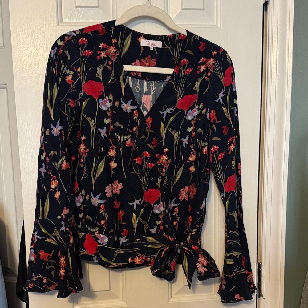 Parker Navy Blue Floral Blouse with Tie Detail